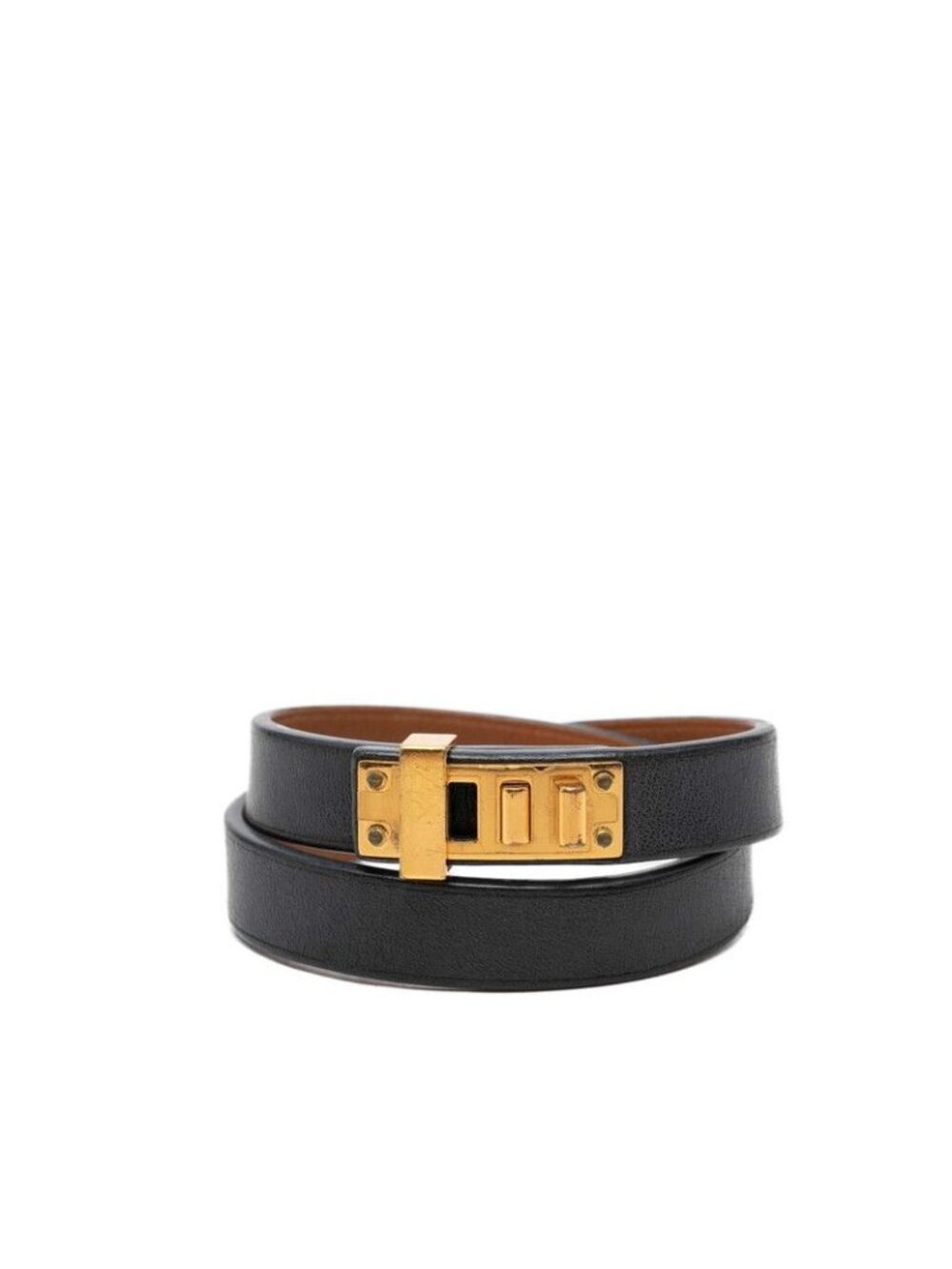 Hermes Mini Dog Double Tour Strand Bracelet T2 Black Gold Leather Plated